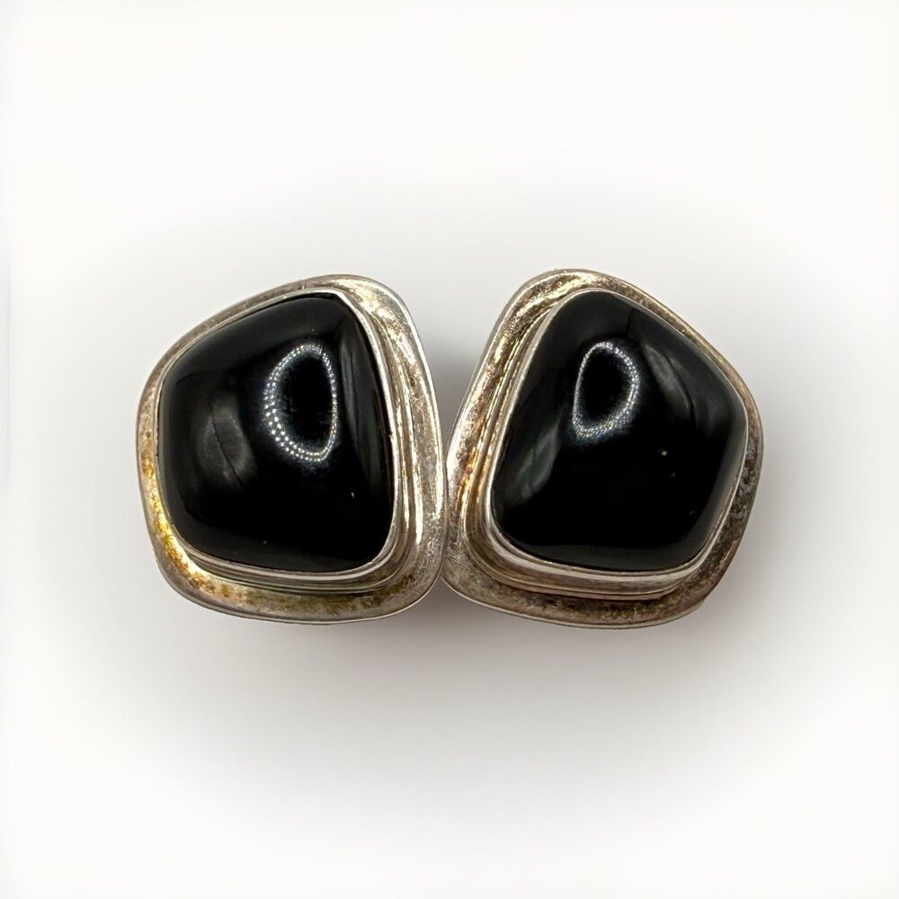 Vintage 950 Taxco Sterling Silver Mexico Black Onyx Modernist Clip On Earrings